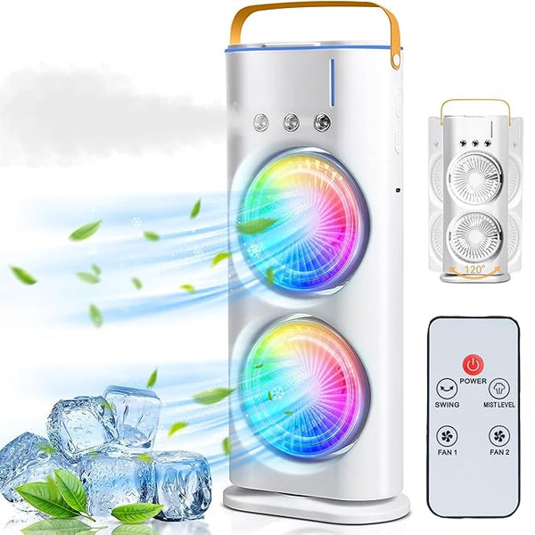 4000mAh Double Ended Spray Fan, Cold Air Fan, 2025 New 3 Gears USB Rechargeable Oscillating fan with LED Light Cooler Fan, Touch & Remote Control, 280ml Water Tank, Ice Filling Fan (White)