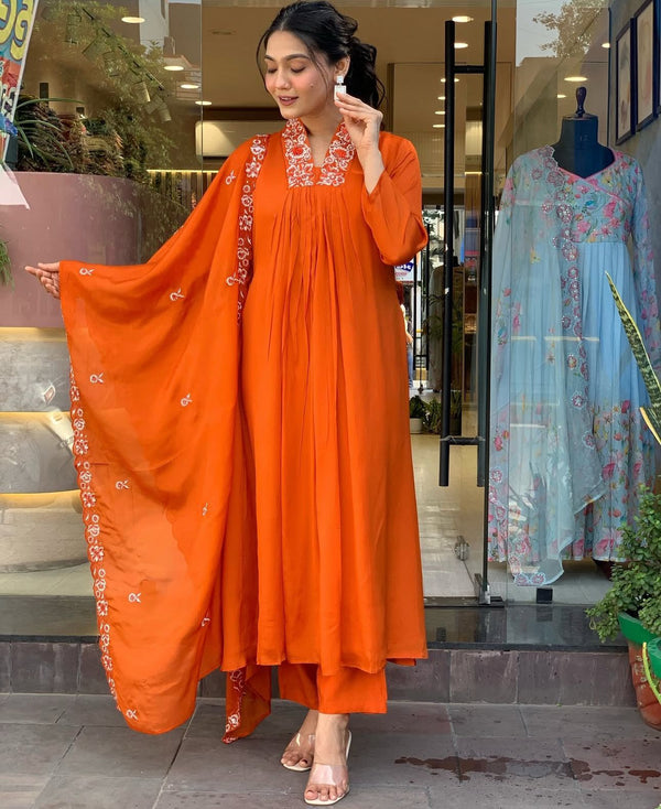 Anarkali 3pcs Pure cotton neck full embroidery with dupatta