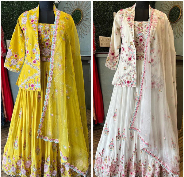 DESIGNER FANCY WESTERN STYLE CHINON MULTI THREADS SEQUENCE WORK BLAZER/KOTI, TUBE CHOLI WITH HEAVY FLAIR SARARA & DUPATTA